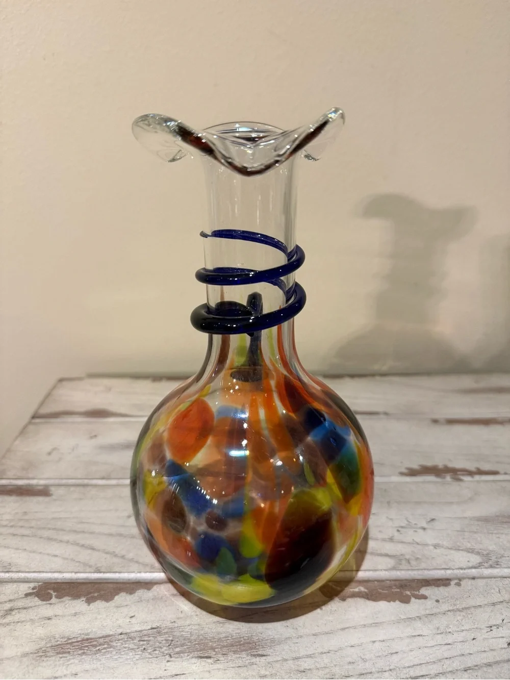 Vtg Hand Blown Art Glass Pitcher Ruffled Neck Spout Spiral Handle End Of Day